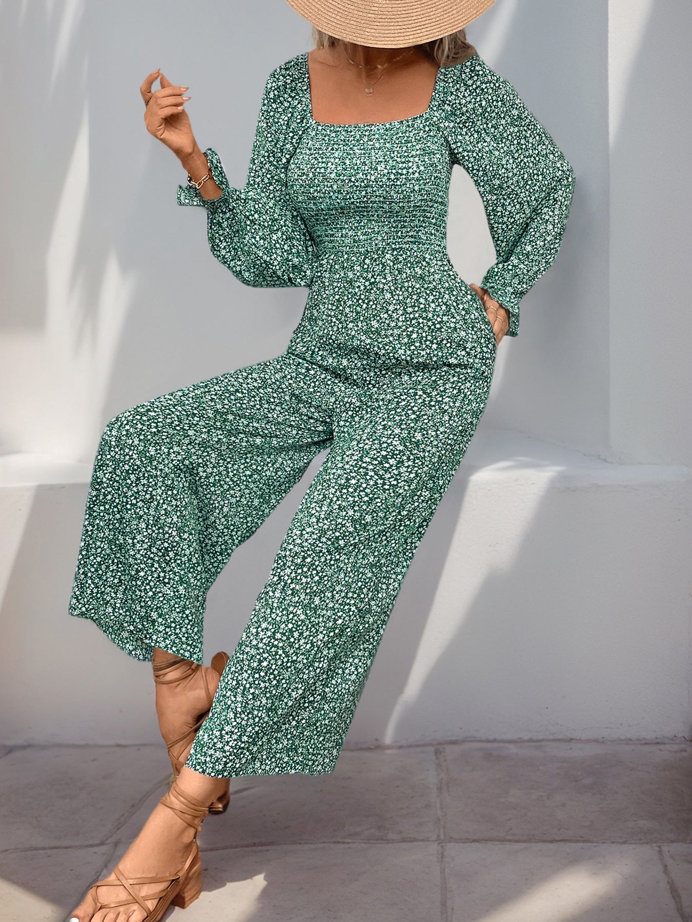 Square Neck Bubble Sleeve Wide Leg Pants Long Sleeve Floral Jumpsuit