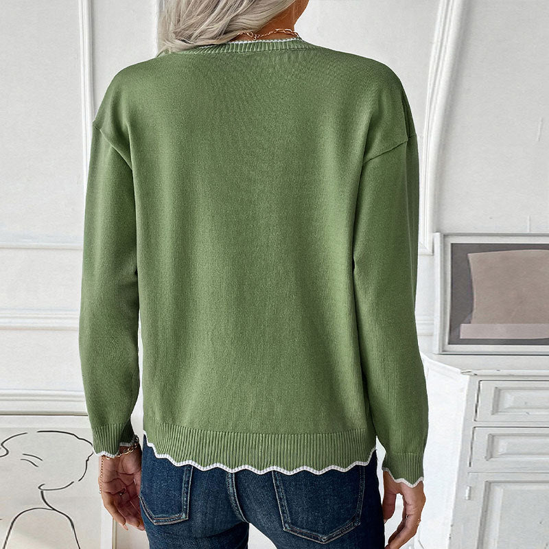 Zipper Pullover Round Neck Contrasting Edge Knitted Sweater