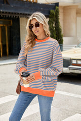 Striped Crew Neck Contrast Color Loose Long Sleeve Sweater