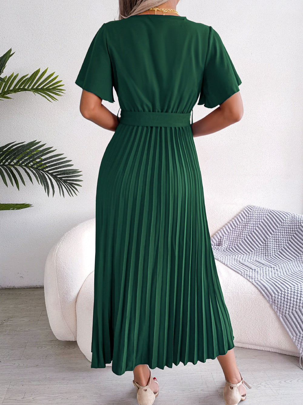 Casual Short Sleeve V-Neck Pleated A Line Flowy Dresses