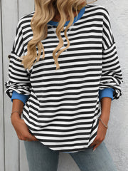 Women Color Striped Crew Neck Loose Sweatshirt Sweater