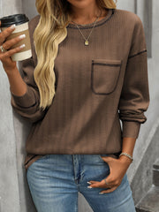 Women's Solid Color Crew Neck Pocket Casual Loose T-Shirt