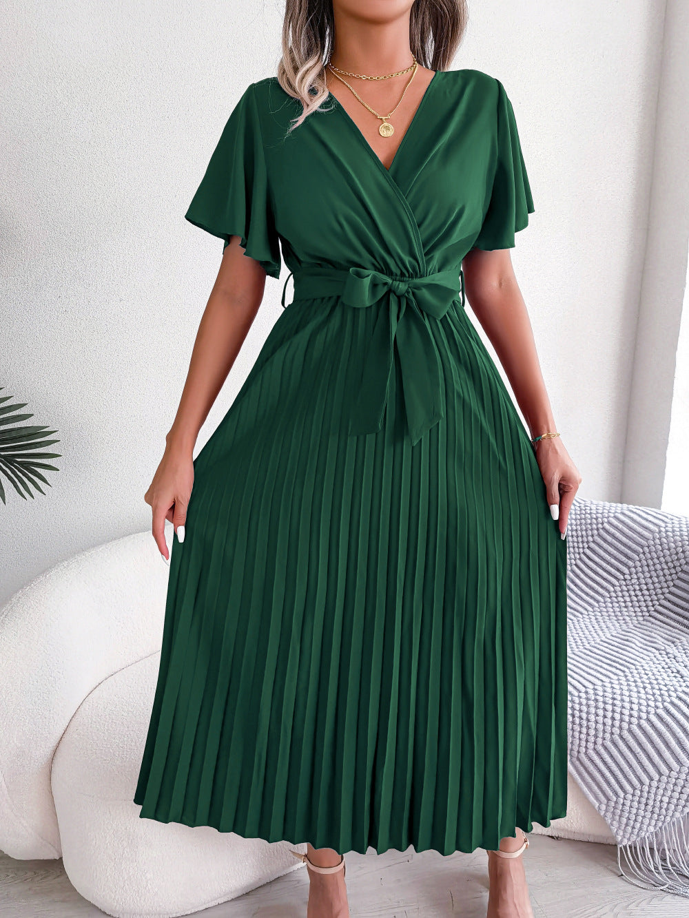 Casual Short Sleeve V-Neck Pleated A Line Flowy Dresses