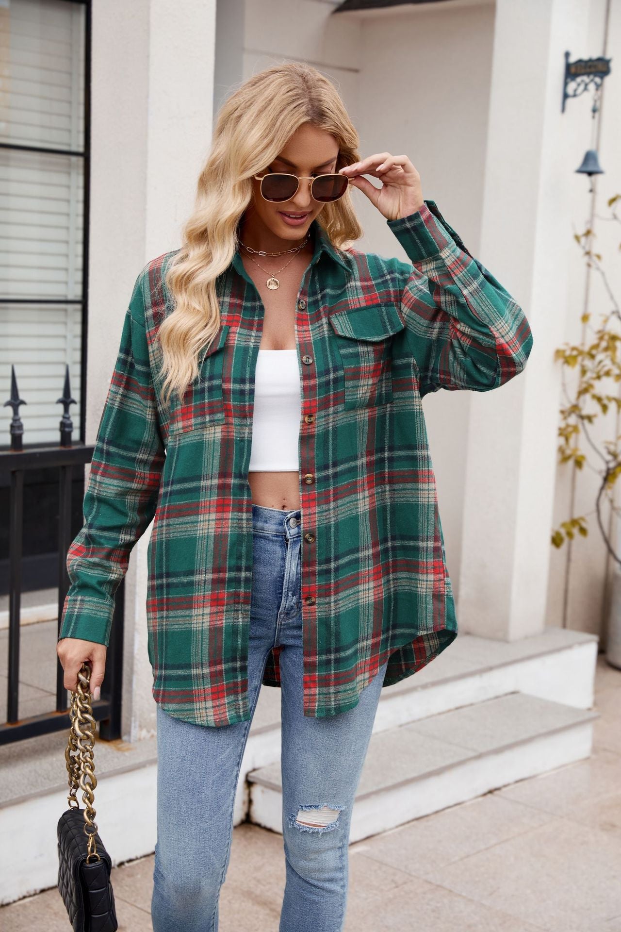 Women's  New Casual Fashion Loose Plaid Pocket Shirt