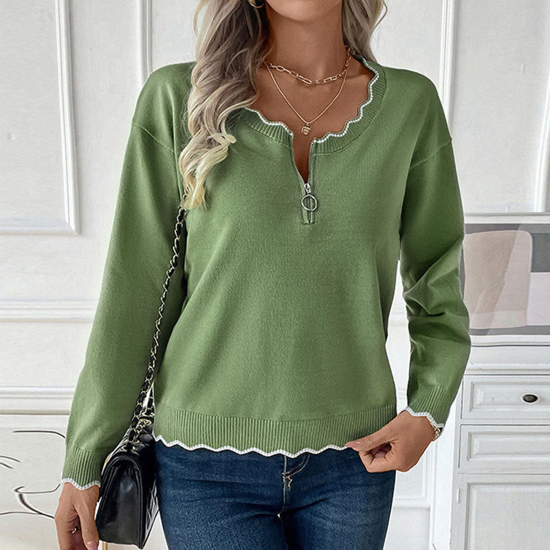 Zipper Pullover Round Neck Contrasting Edge Knitted Sweater