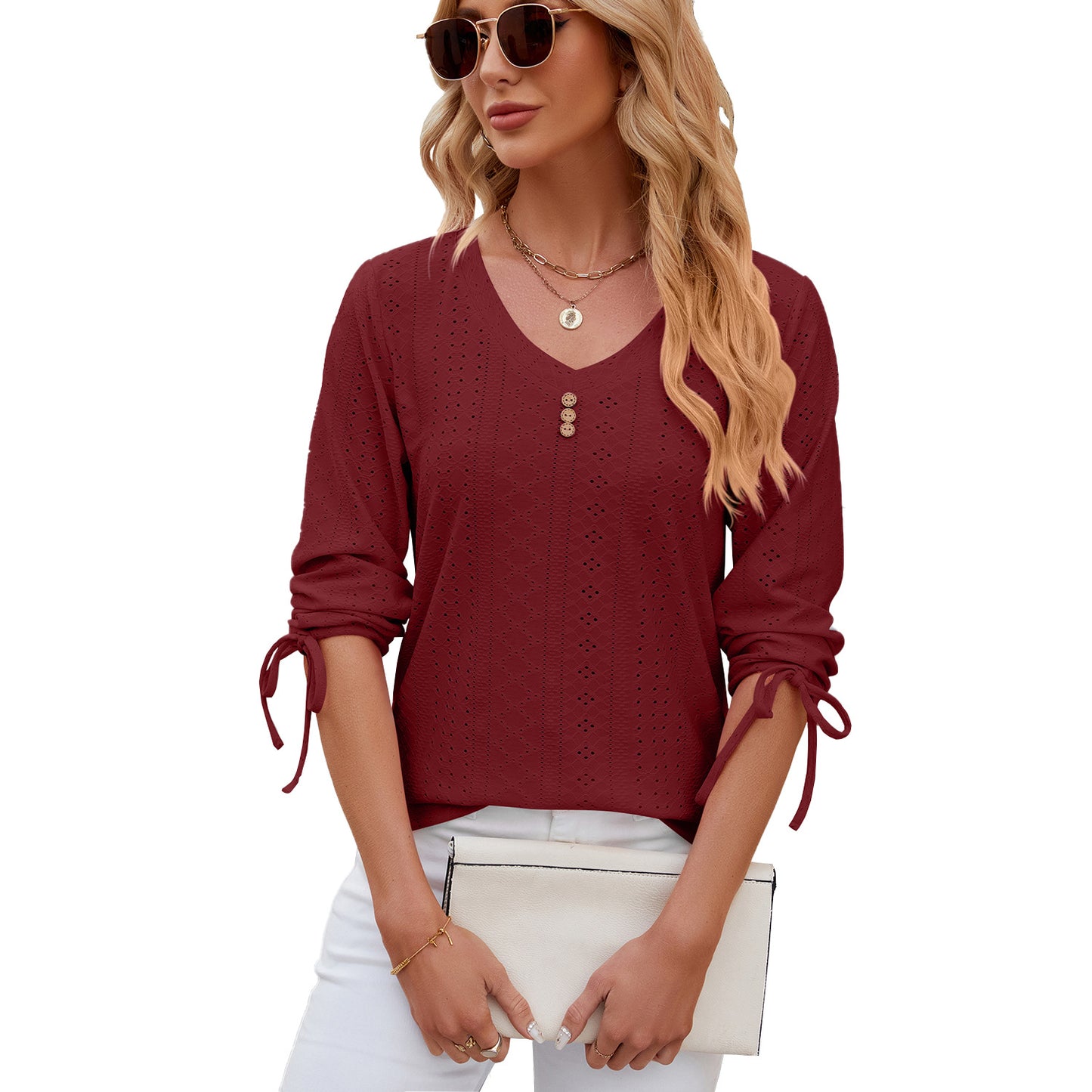 Solid Color Jacquard Button Middle Sleeve T-shirt