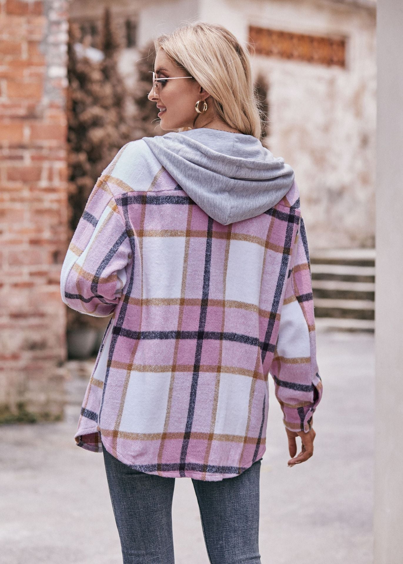 Ladies Hooded Jacket Casual Medium and Long Checked Shirt