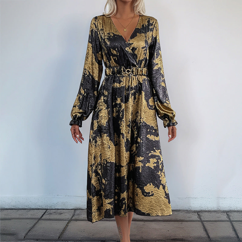 Luxury Fall V-Neck Long Sleeve Gold Foil A-Line Dress