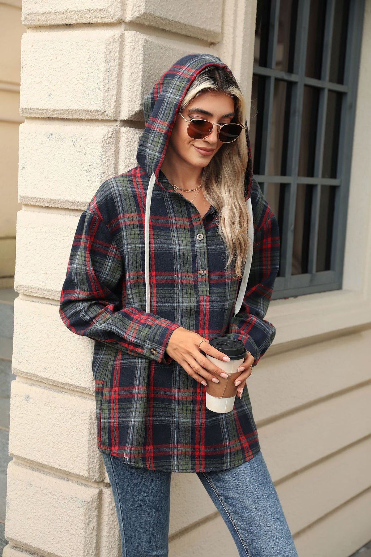 Long Sleeve Hooded Button Plaid Jacket Sweater