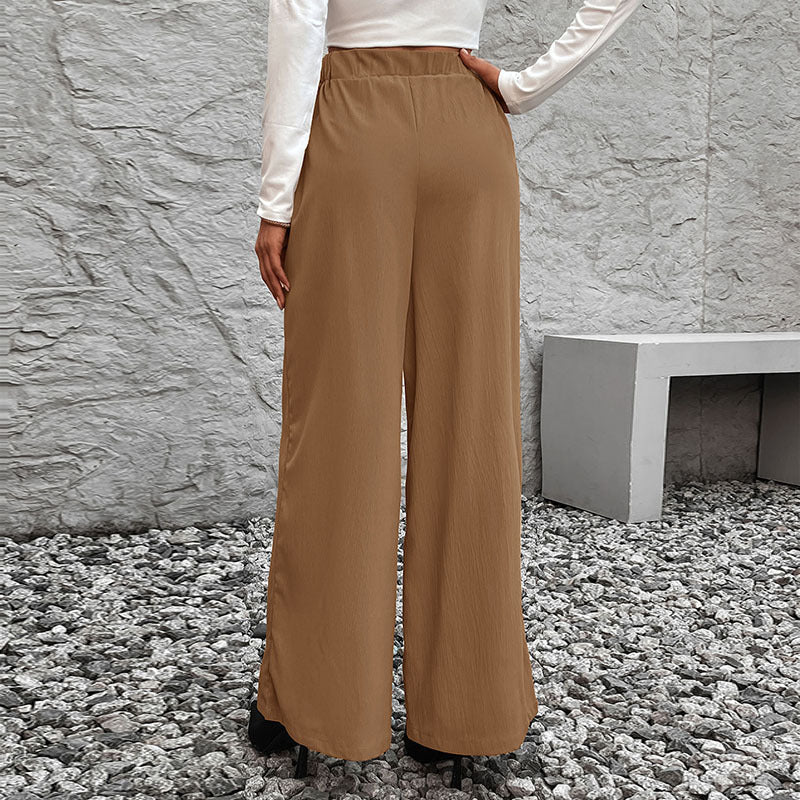 Solid Color Lace-up High-waisted Straight Wide-leg Trousers for Women