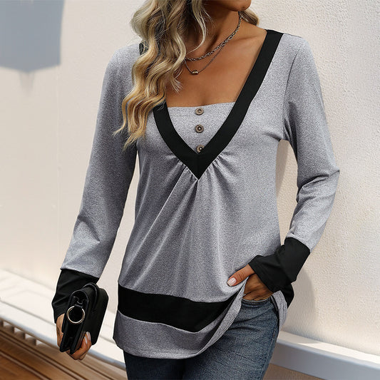 Long-sleeved Color Matching Contrasting Casual Top