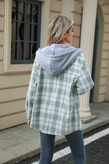 Plaid Contrast Hooded Long Sleeve Loose Wool Jacket