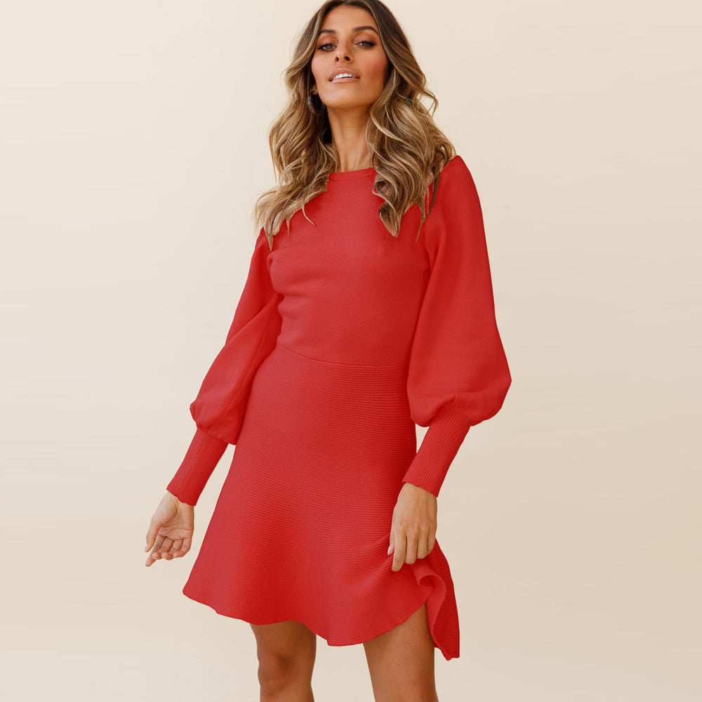 Knit Sweater Dress with Pockets Round Neck Long Sleeve Dresses