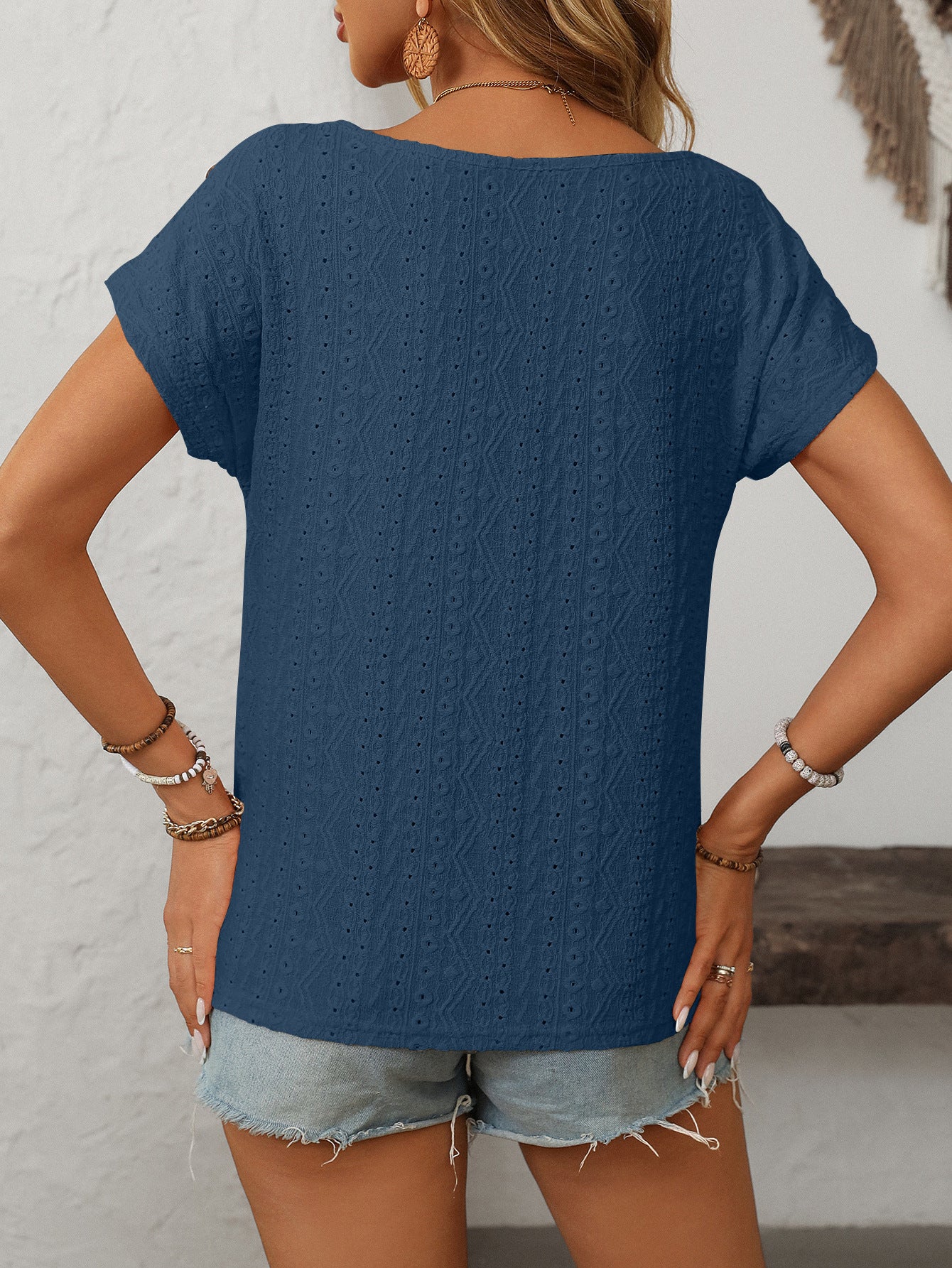 Solid Crewneck Button Short-sleeved Cut-out Top