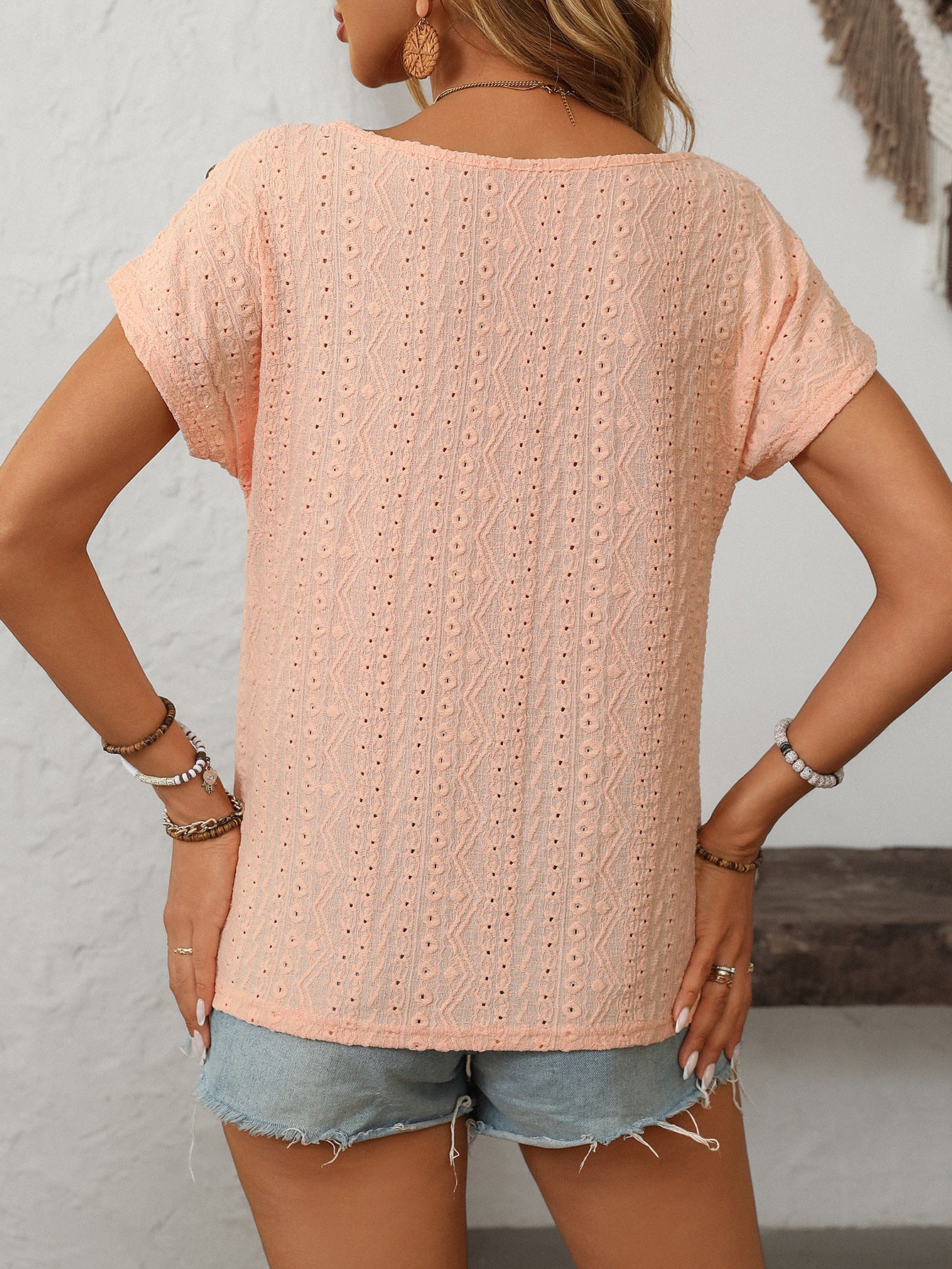 Solid Crewneck Button Short-sleeved Cut-out Top