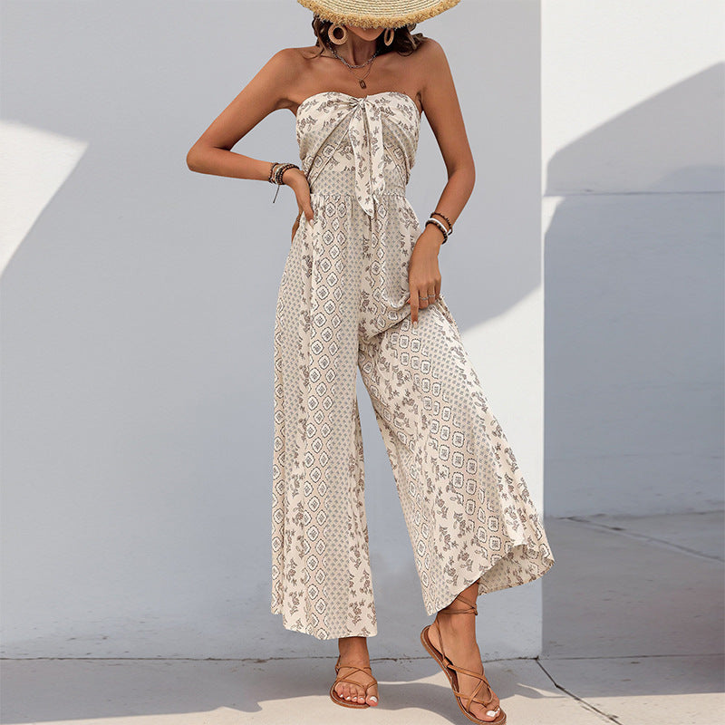 Strapless Smocked Romper Tube Top Flare Trousers Jumpsuit