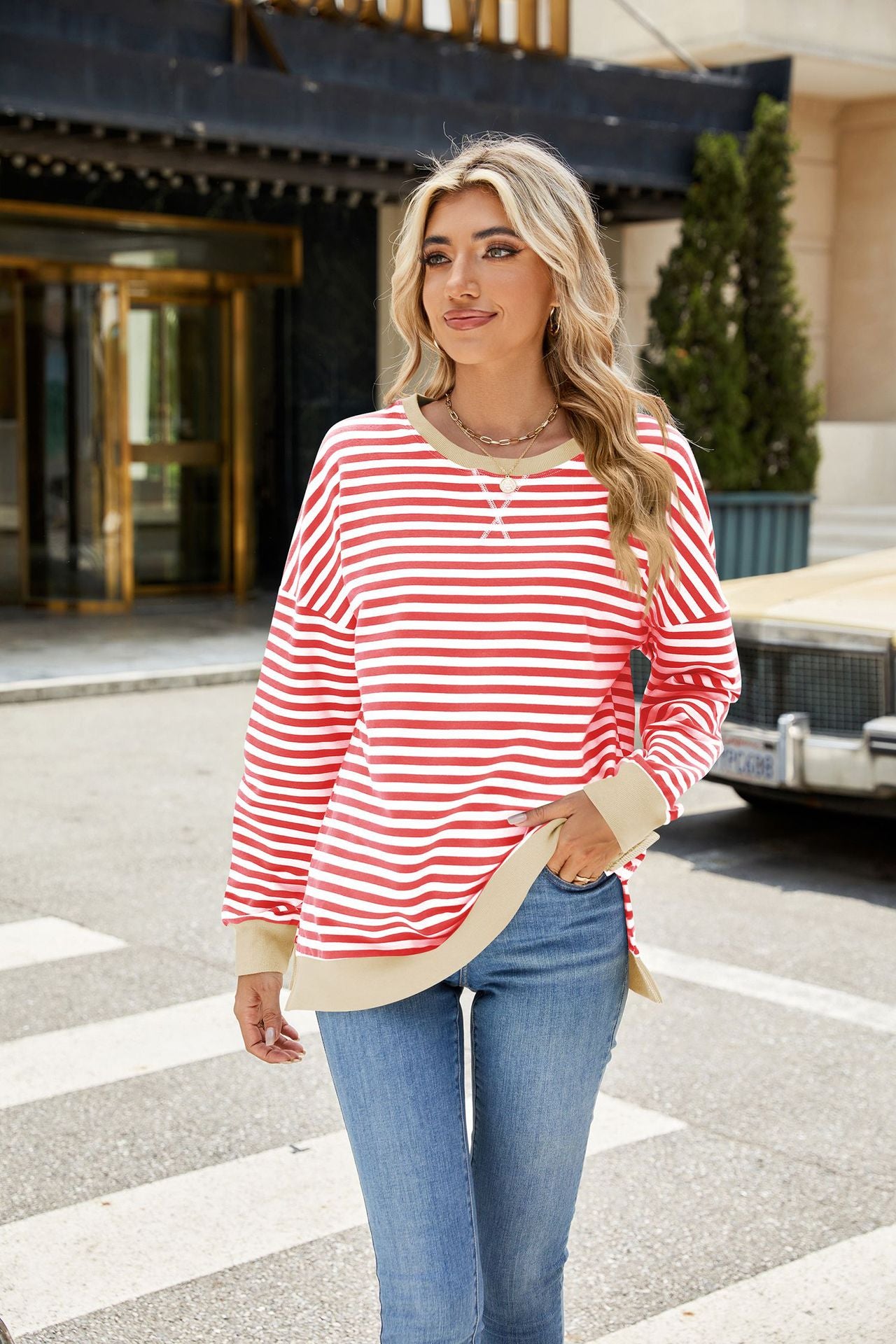 Contrasting Crew Neck Split Long Sleeve Loose Striped Sweater