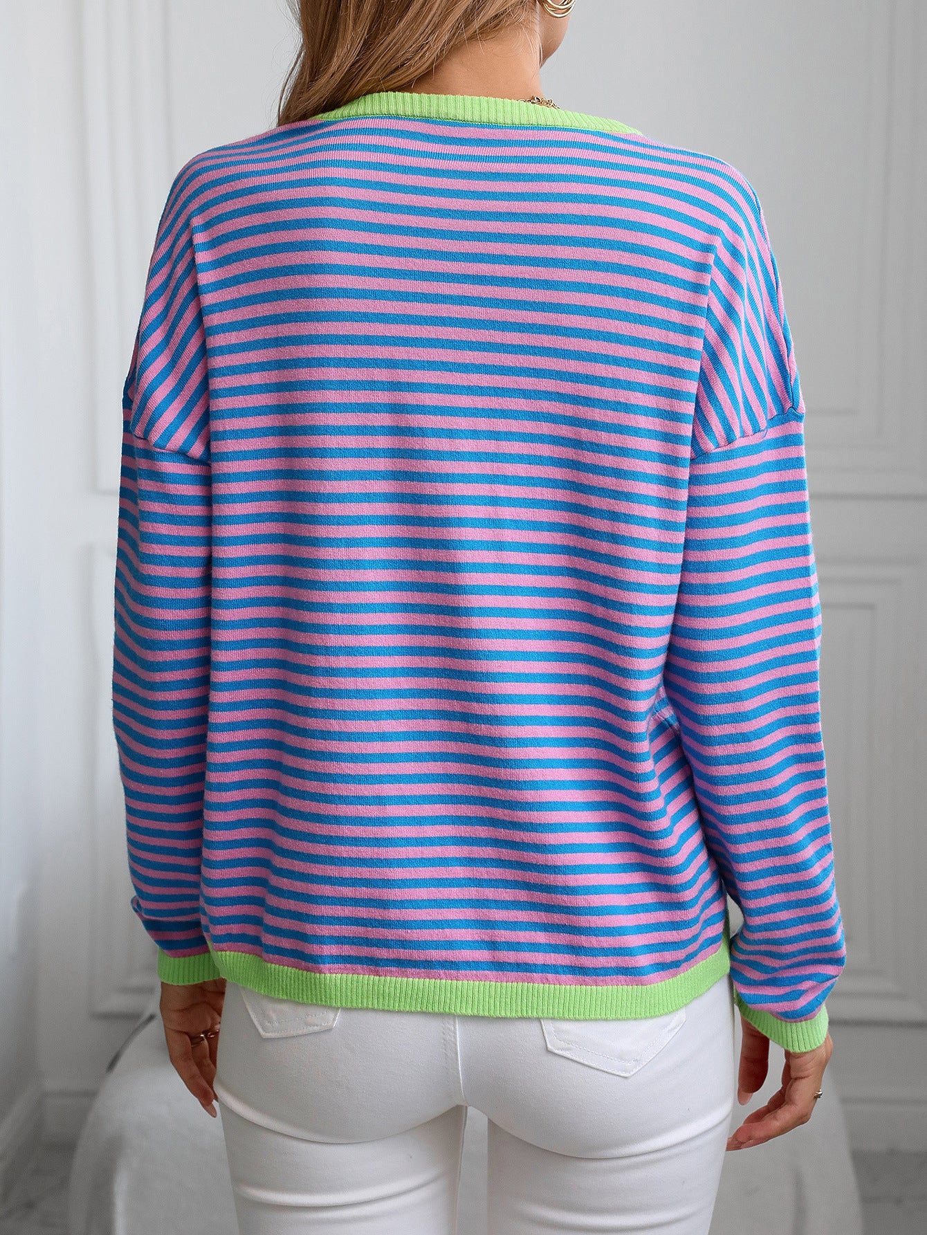 Women's V-Neck Striped Contrast Color Long Sleeve Casual Sweater