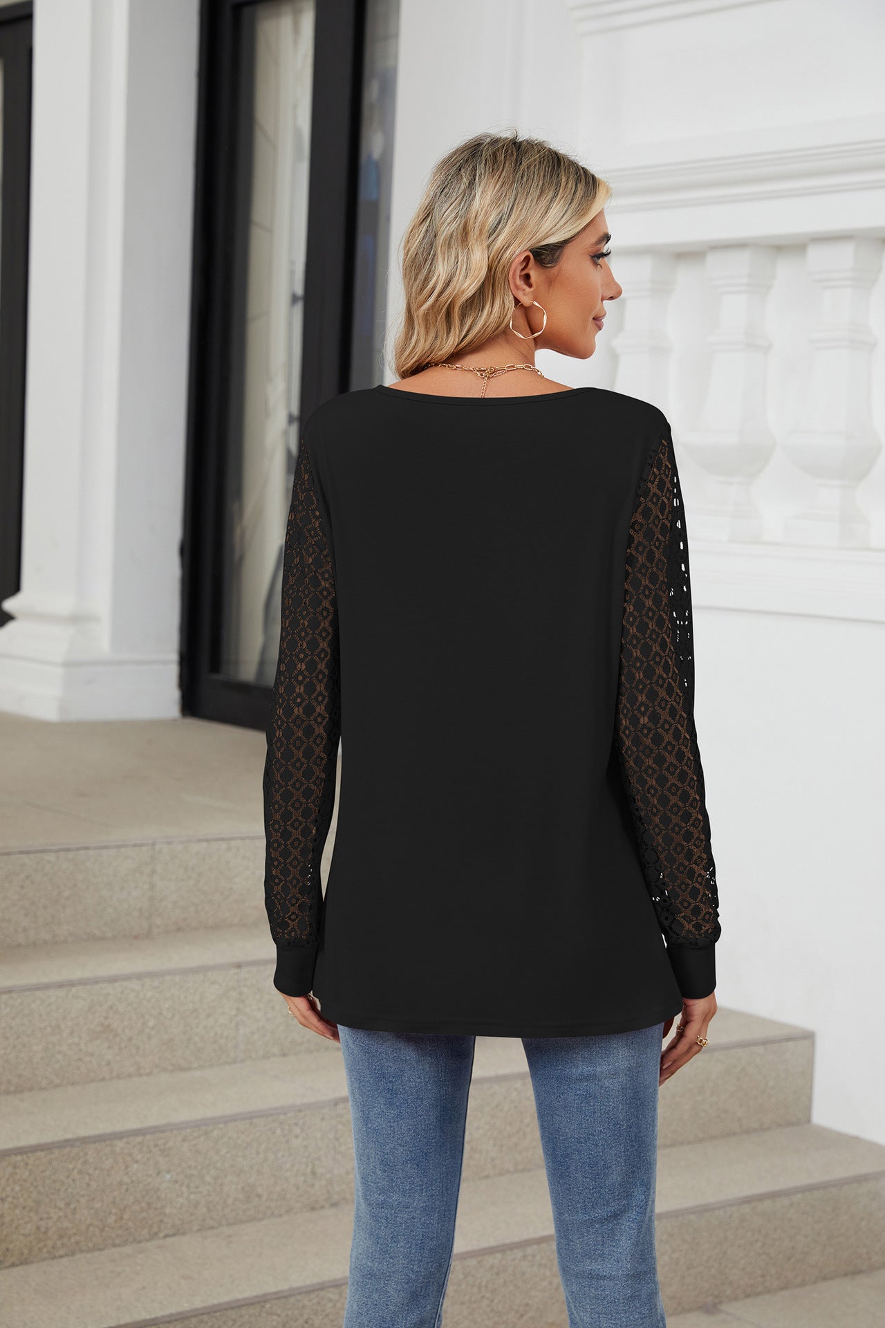 Solid Color Lace Splicing Loose Long-sleeved T-shirt Top