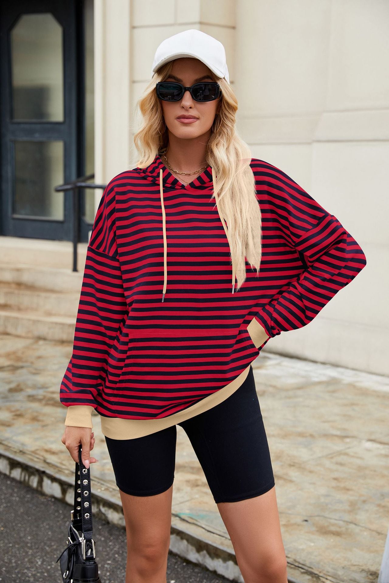 Striped Contrast Casual Hooded Loose Pocket Sweater