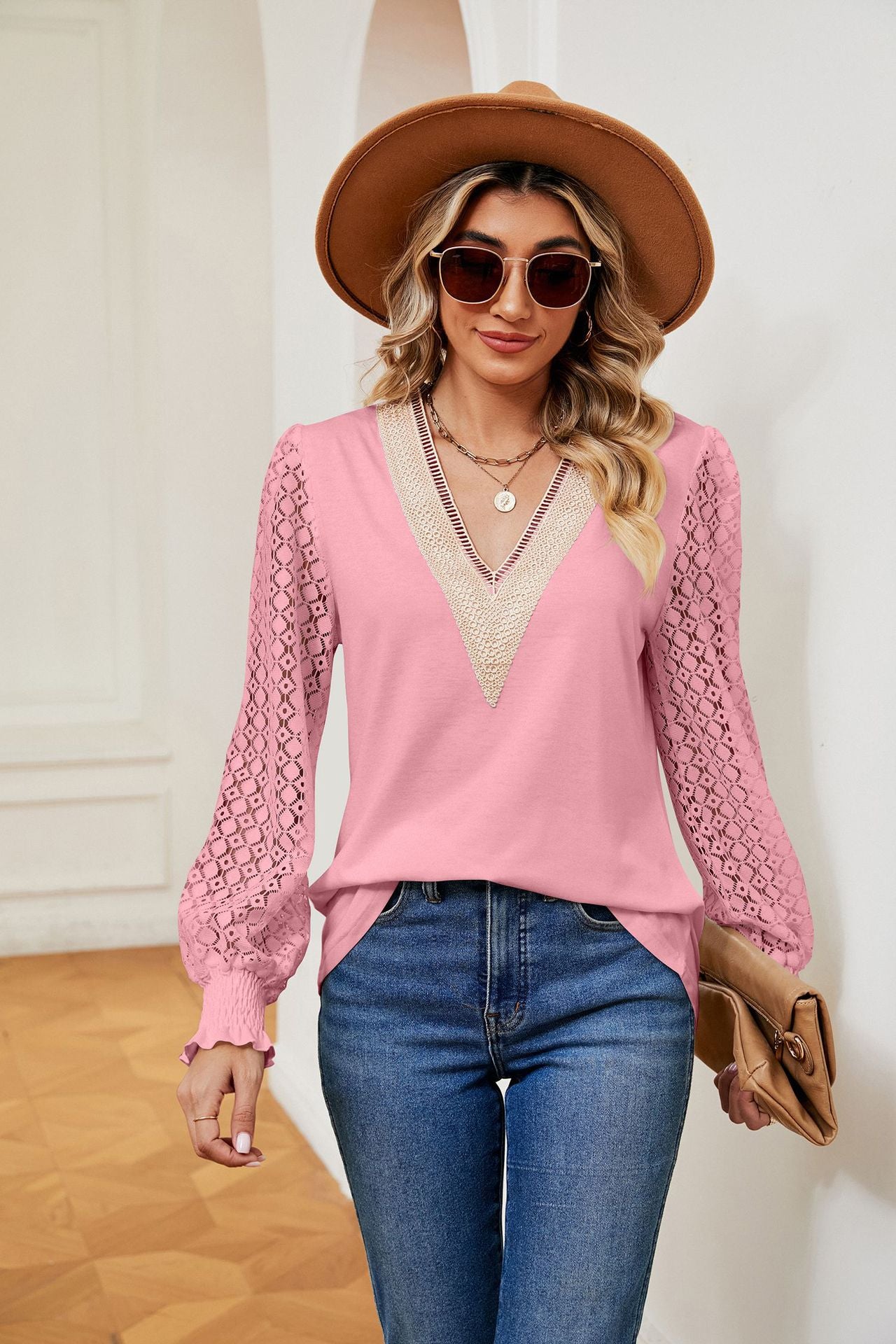 V-Neck Lace Splicing Loose Long Sleeve T-Shirt Top