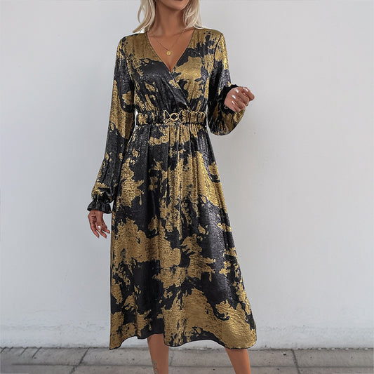 Luxury Fall V-Neck Long Sleeve Gold Foil A-Line Dress