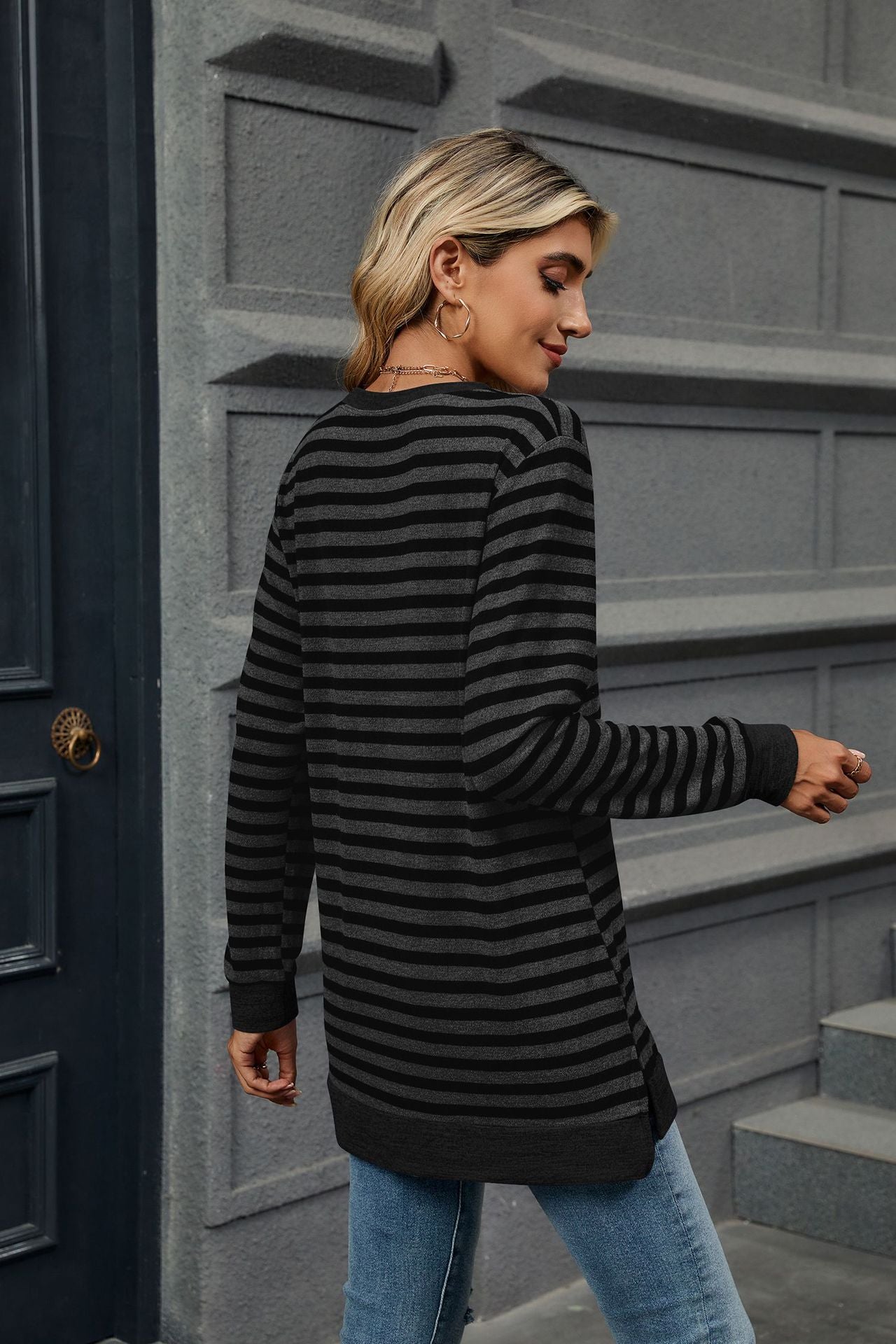 Striped Crew Neck Long Sleeves Loose