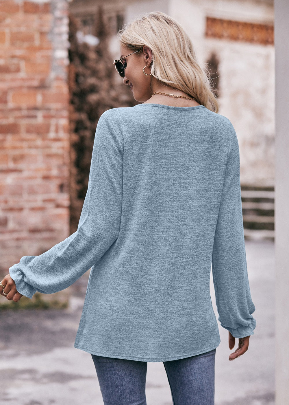 Casual Crew Neck Pleated Polished T-shirt Long-sleeved Top