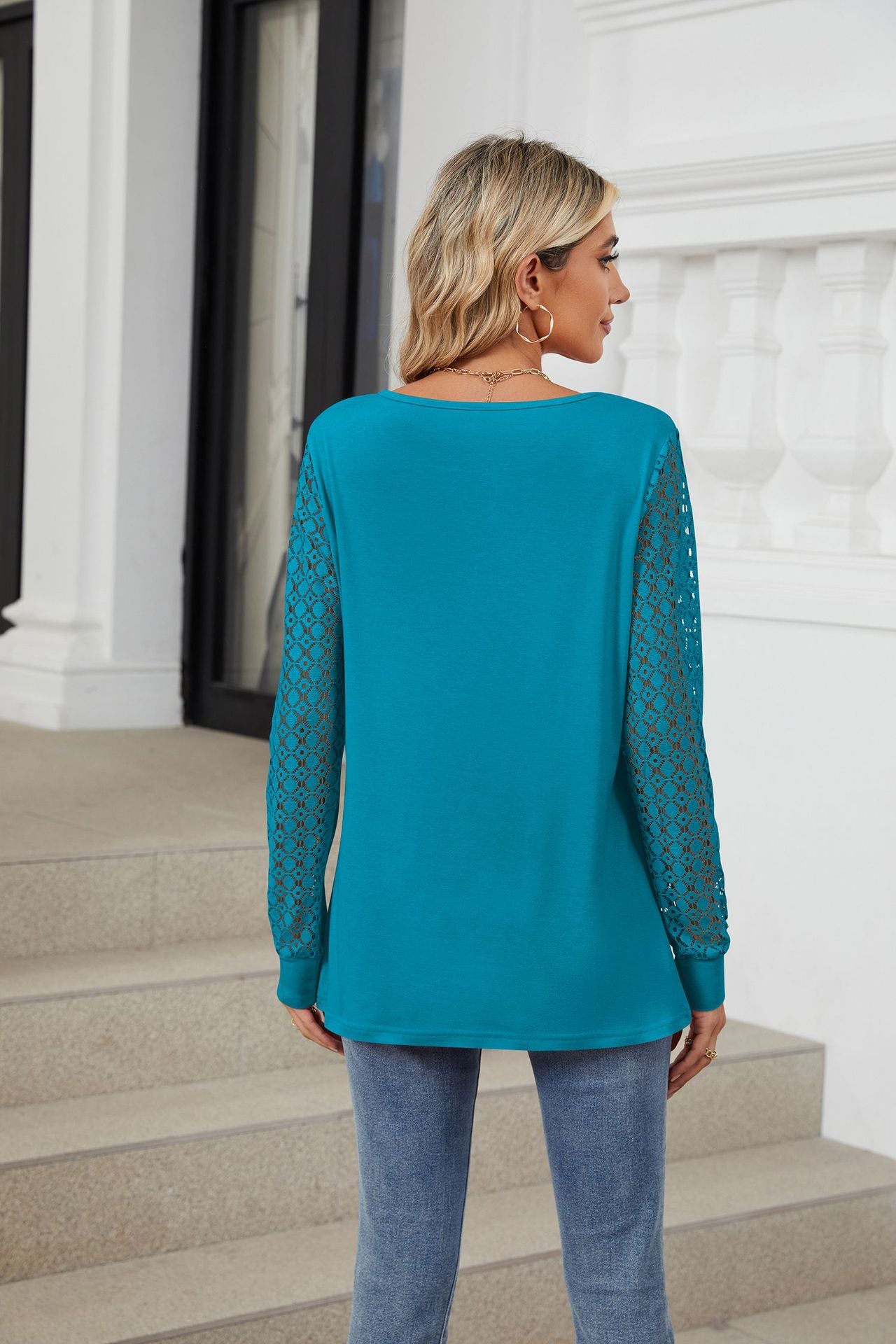 Solid Color Lace Splicing Loose Long-sleeved T-shirt Top