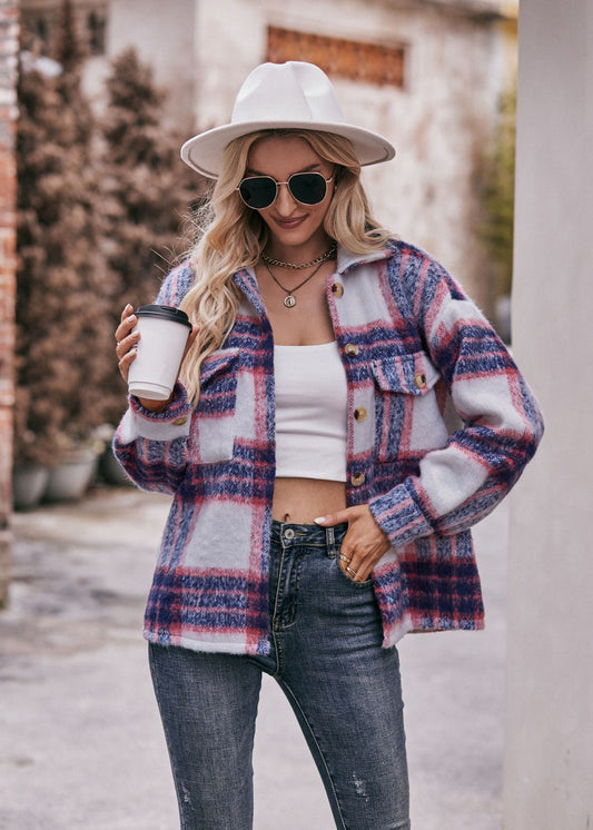 Women's Plaid Mohair Short Woolen Thick Coat