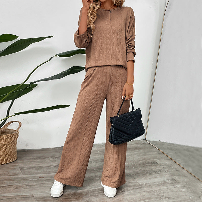 Button-down Texture Fabric Solid Color Wide-leg Pants Set