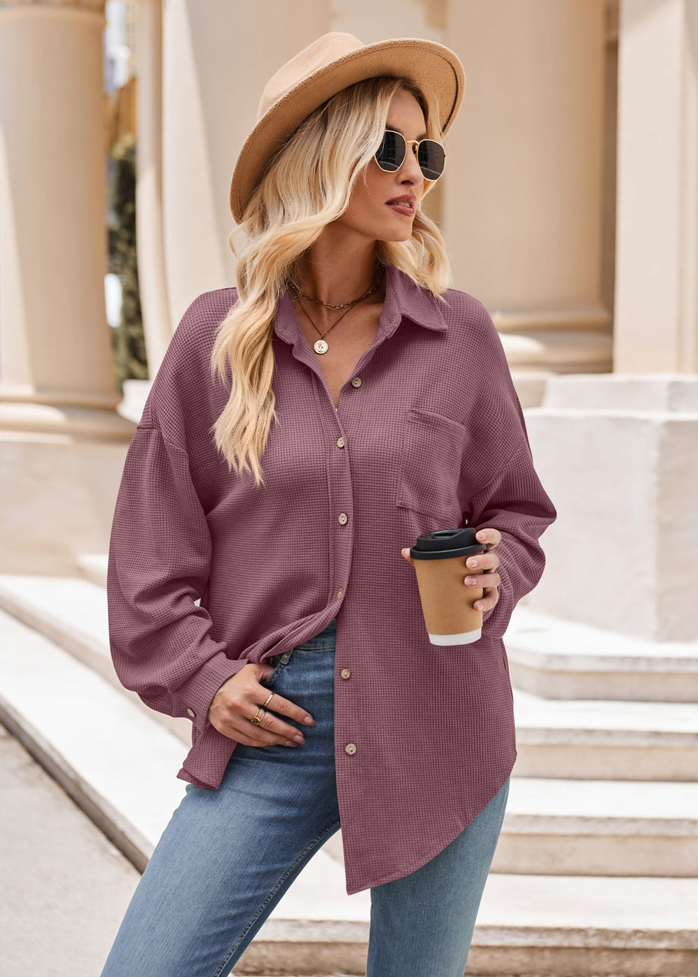 Women's Casual Loose Pocket Waffle Fashion Shirt