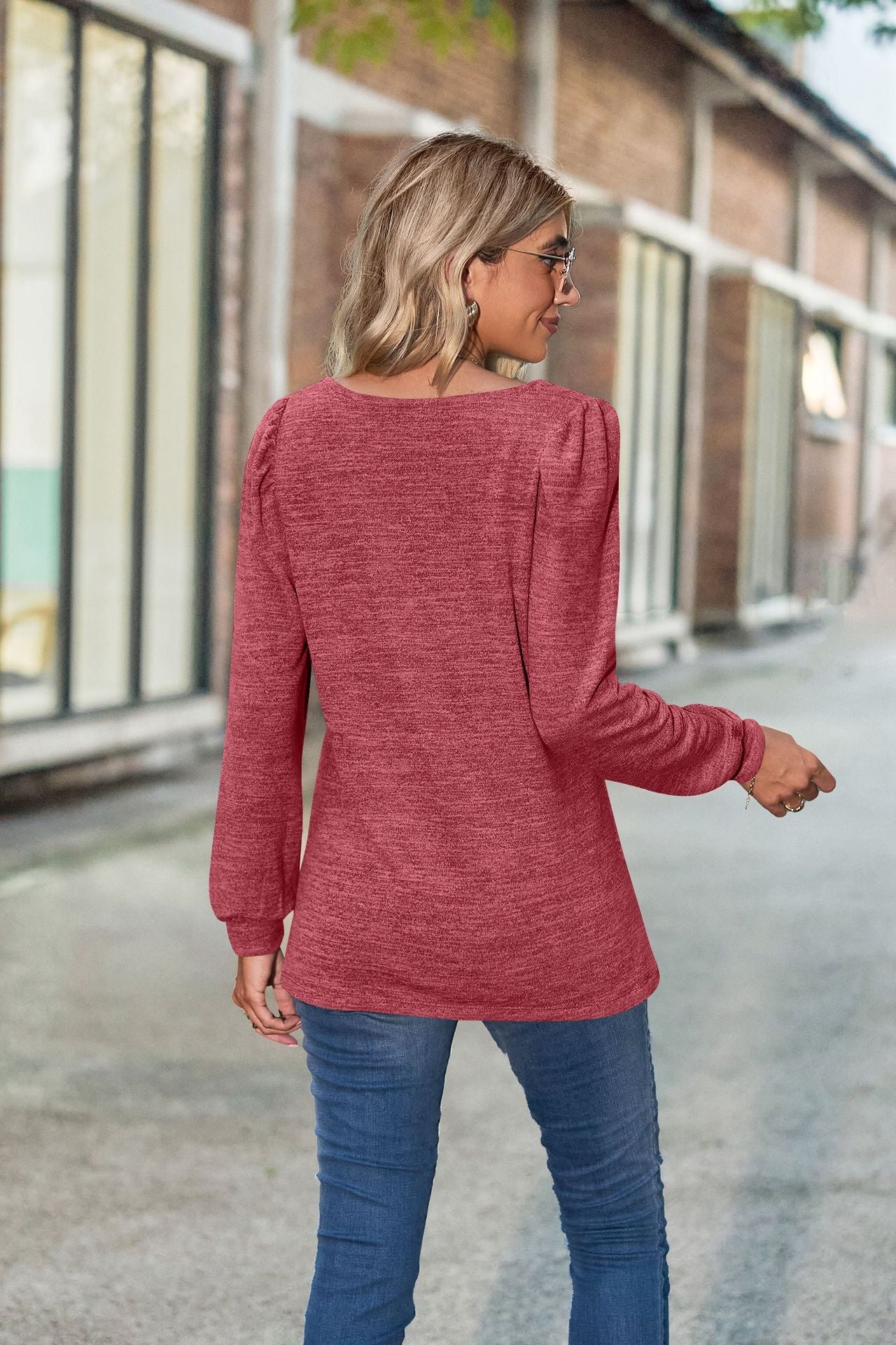 Loose Casual Bubble Sleeves Square Neck Long-sleeved T-shirt