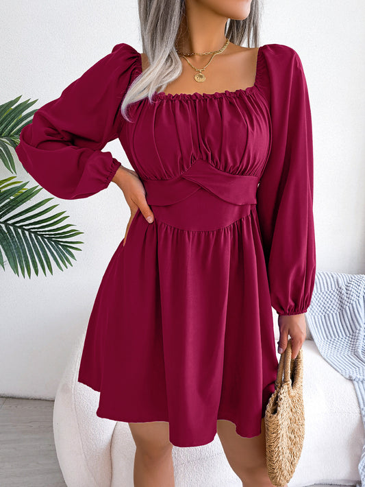 Women's Square Neck Dress Long Sleeve Elastic Waist Flowy Swing