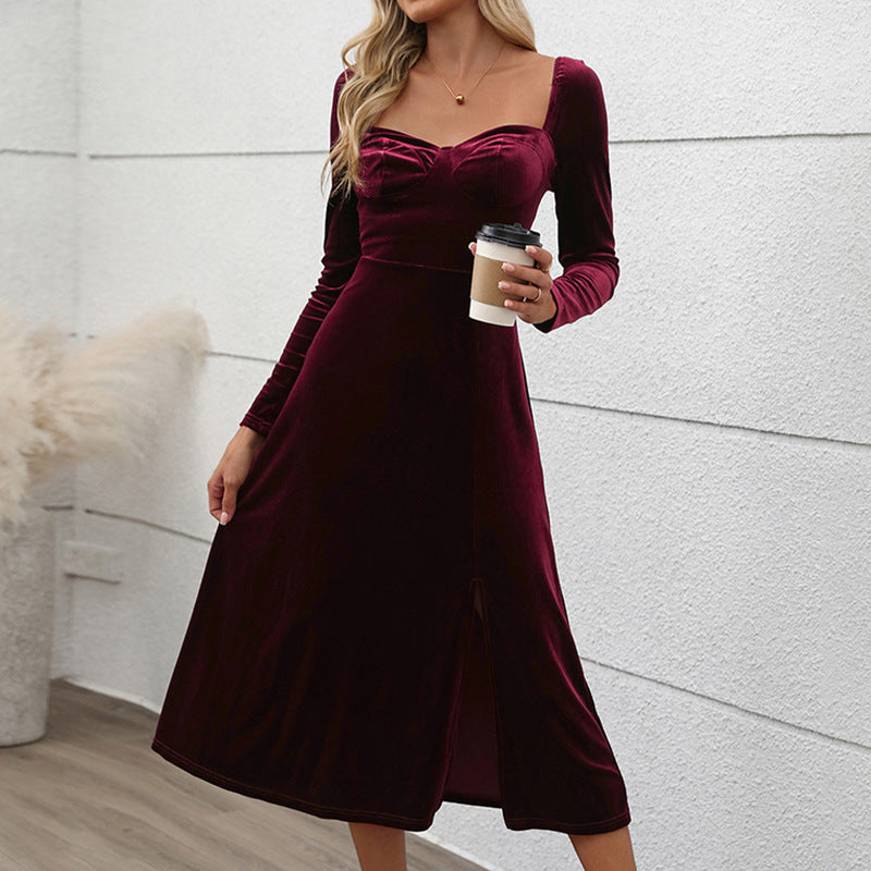 Velvet Dress  Square Neck Smocked Ruffle Flowy Midi Dresses