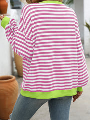 Women Color Striped Crew Neck Loose Sweatshirt Sweater