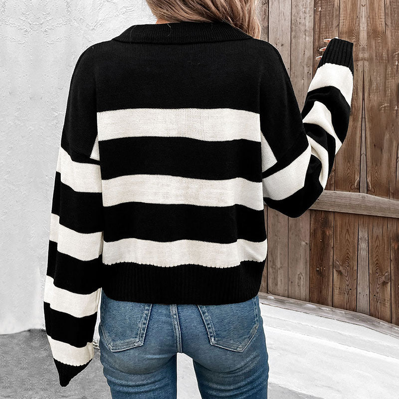 Women's Loose Top Black and White Striped Lapel Knitted Sweater