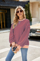 Striped Crew Neck Contrast Color Loose Long Sleeve Sweater