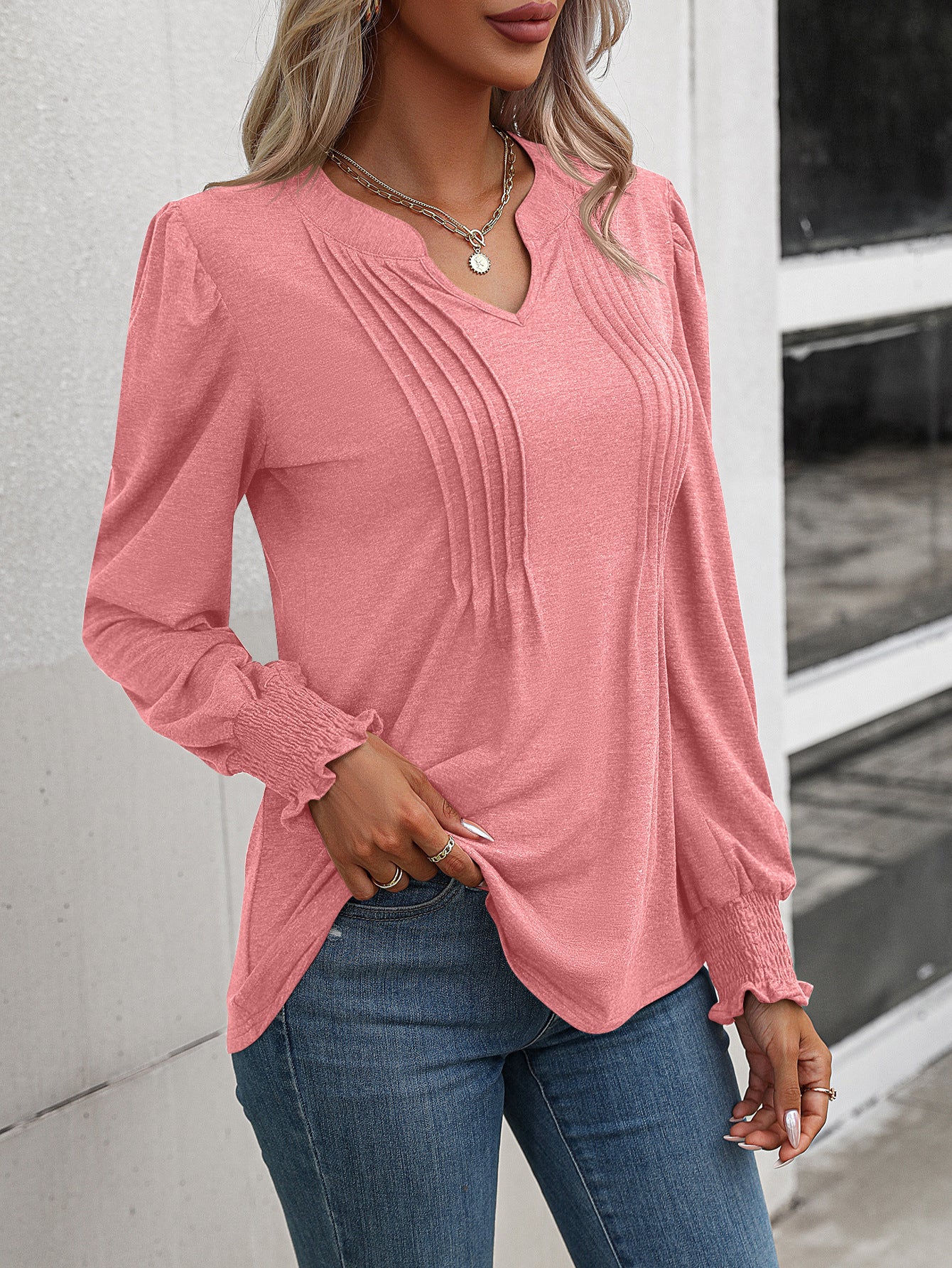 Casual Top Bubble Sleeve Wrap V-Neck Long Sleeve T-Shirt