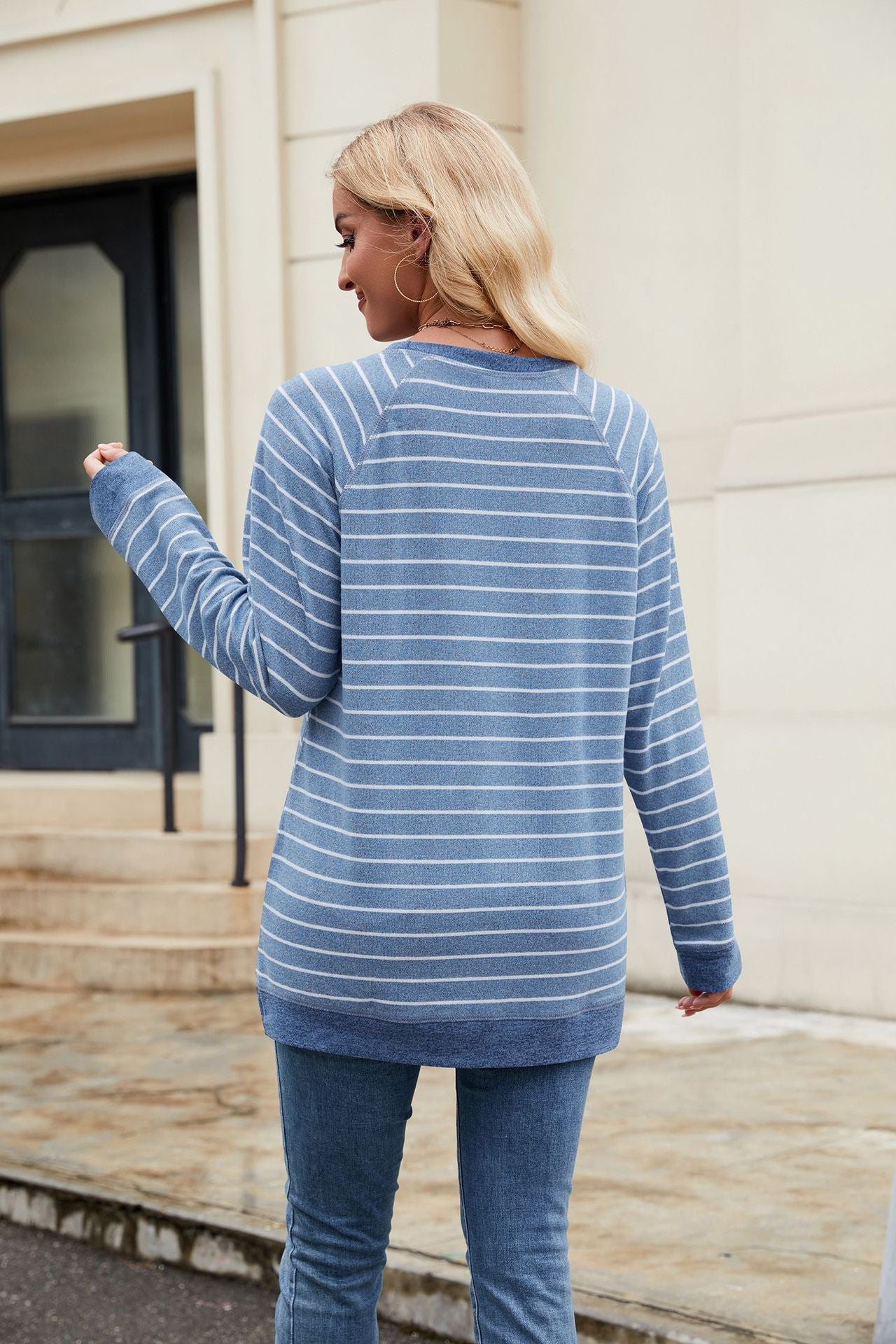 Striped Contrast Color Crew Neck Long Sleeve Loose Casual