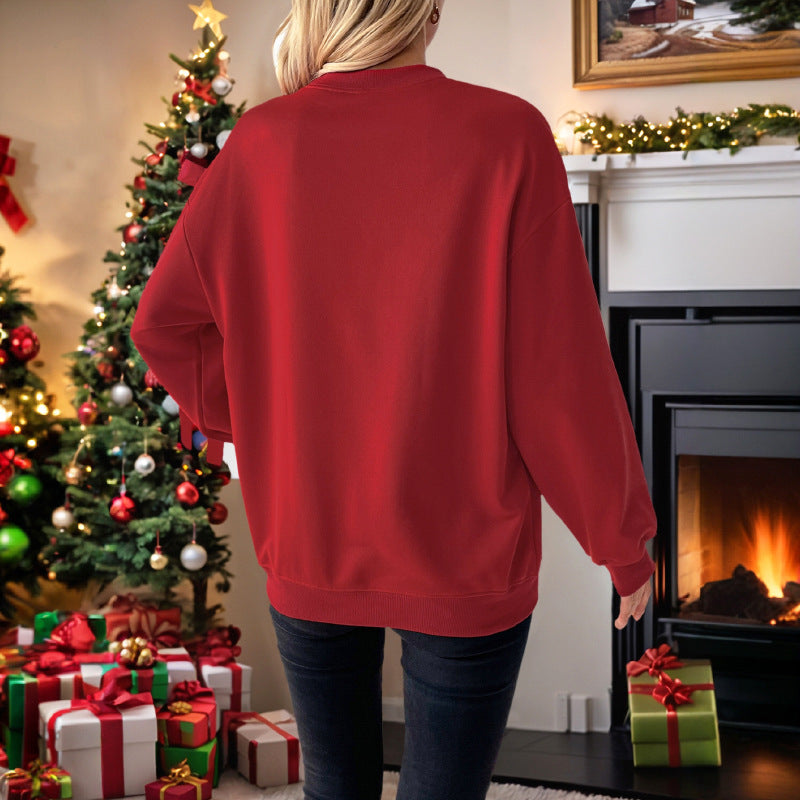 Sweatshirt Red Round Neck Christmas Love Heart Print Blouse Tops Holiday