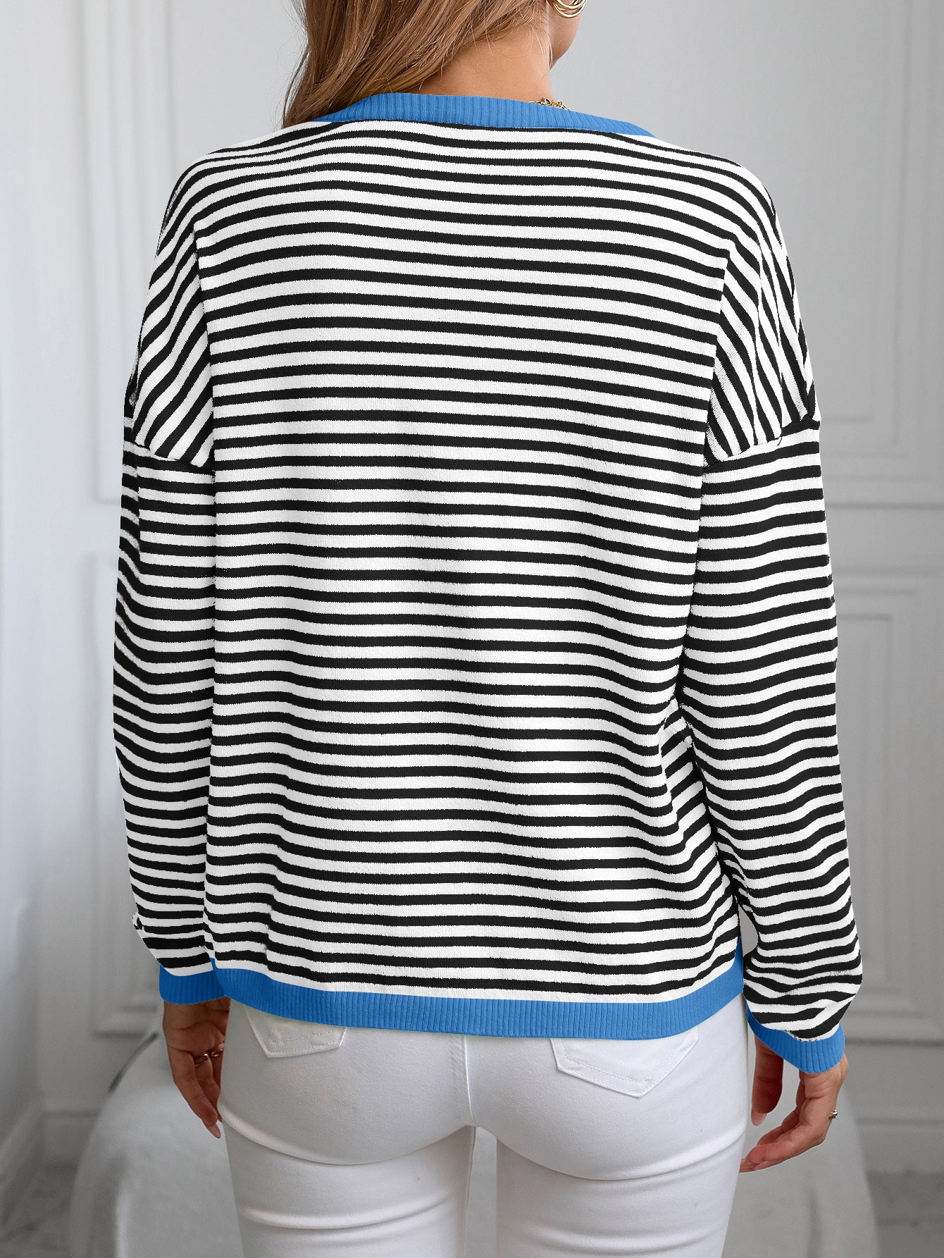 Women's V-Neck Striped Contrast Color Long Sleeve Casual Sweater