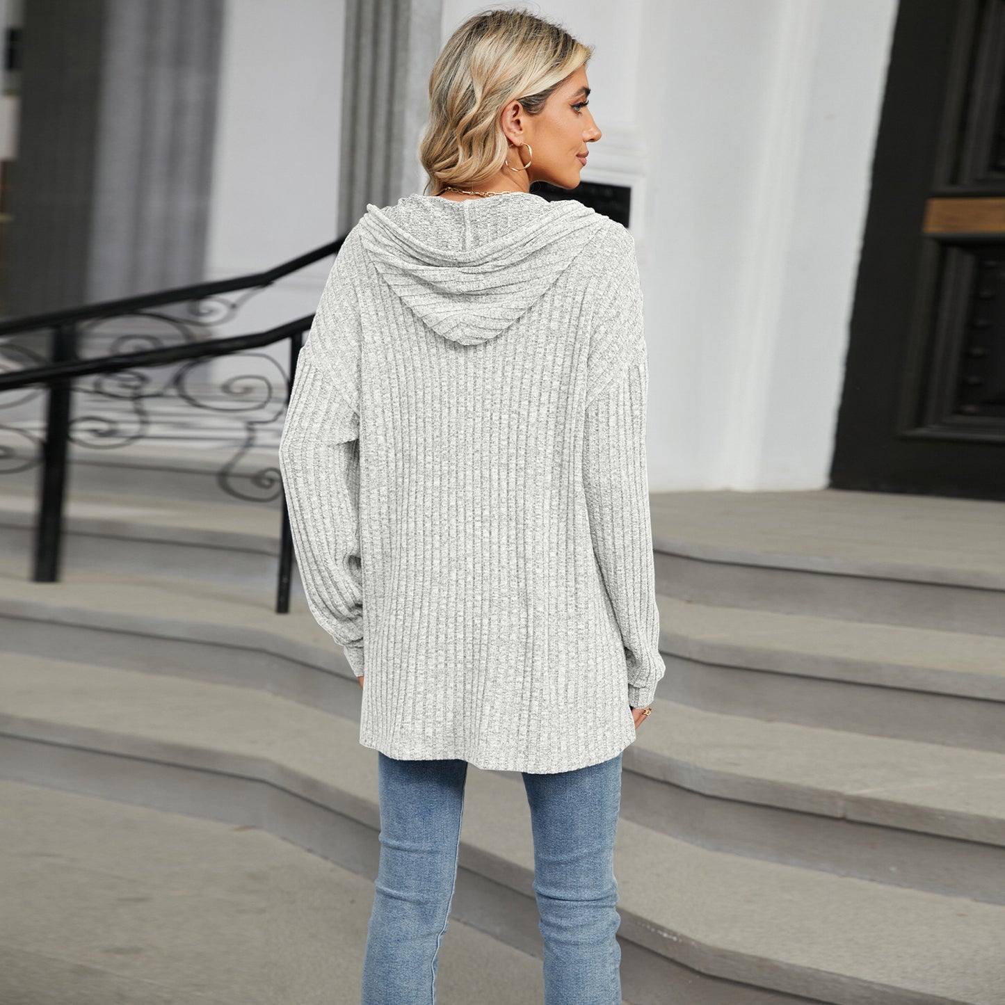 Solid Color Hooded Button-down Sweater