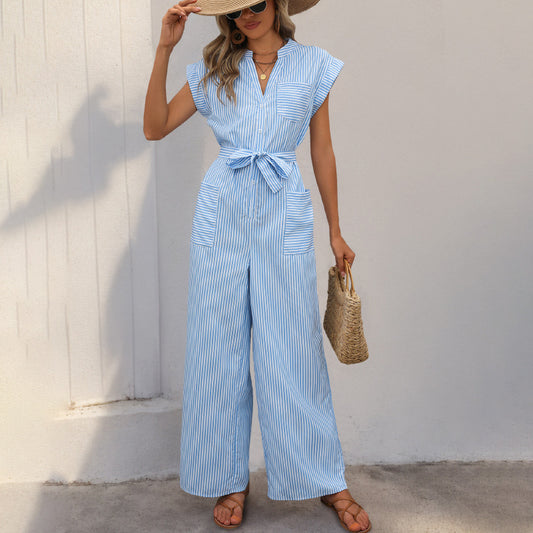 Short Sleeve V-neck Jumpsuit Pants Striped Tie Belt