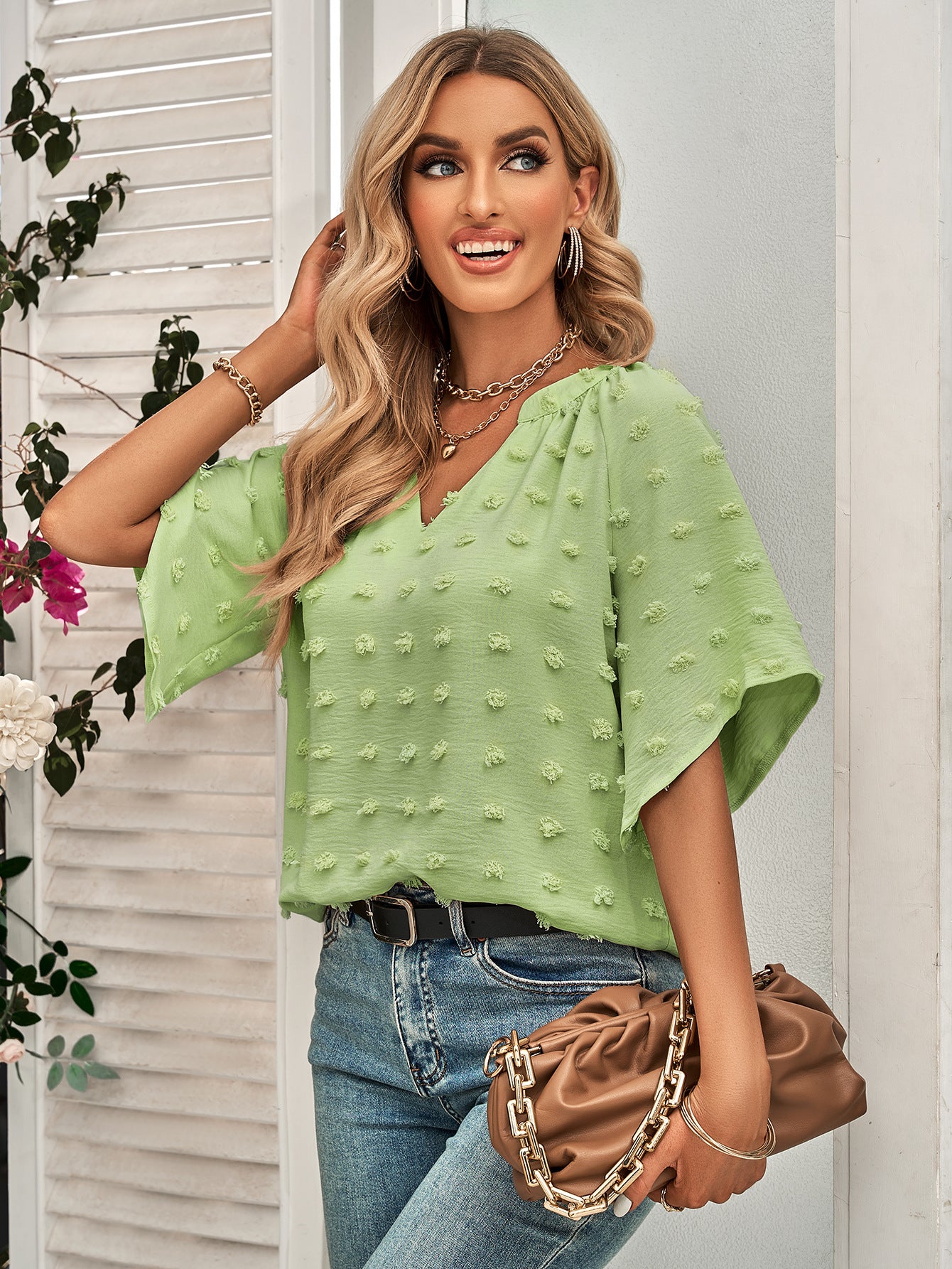 Casual V-neck Solid Furball Top