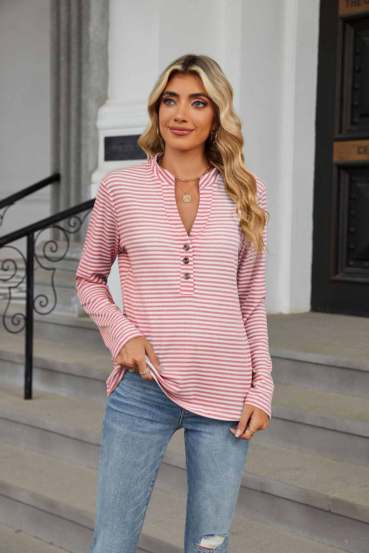 V-neck Button Striped Loose Long Sleeves