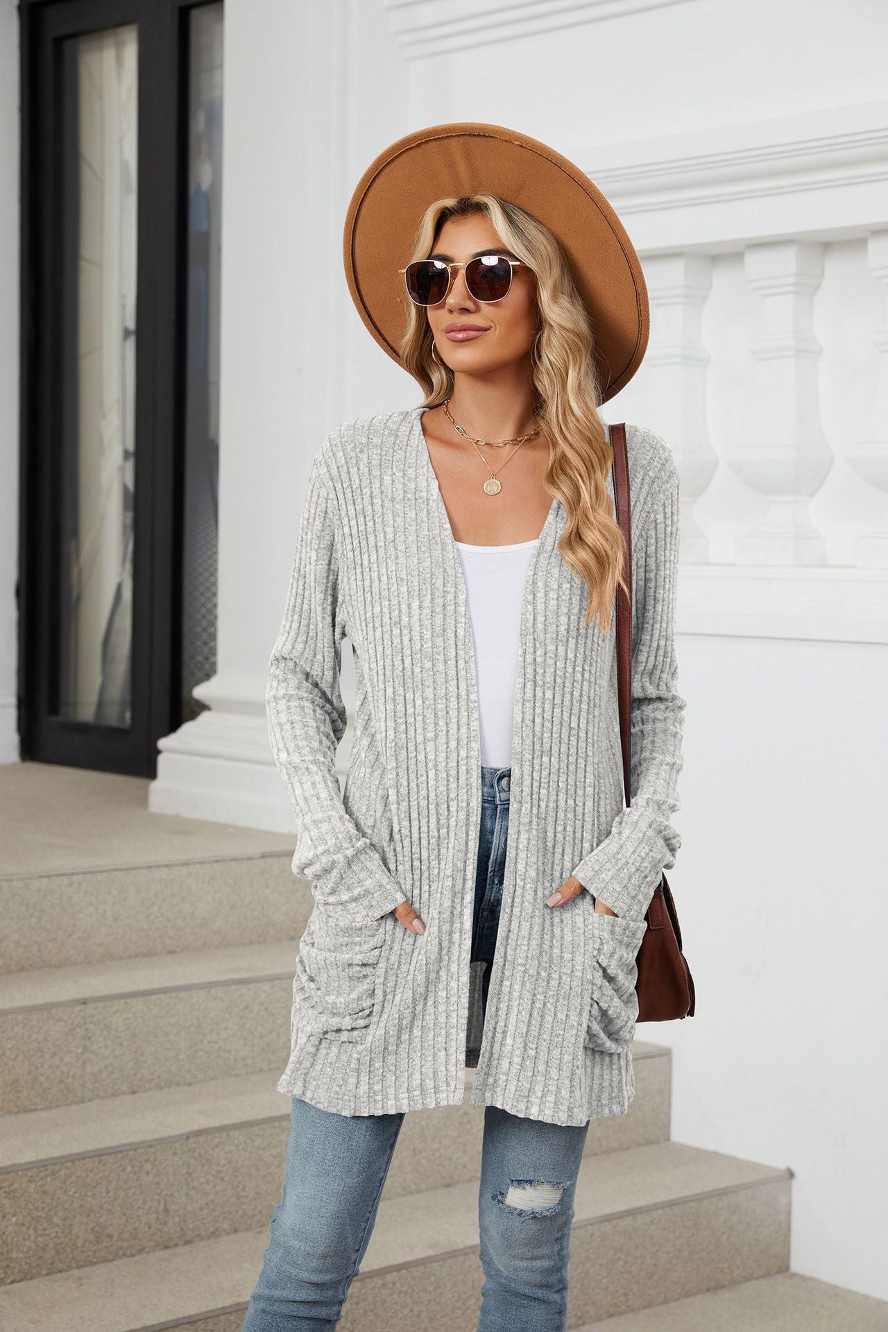 Solid Color Pocket Long-sleeved Bottom Cardigan Knitted Sweater