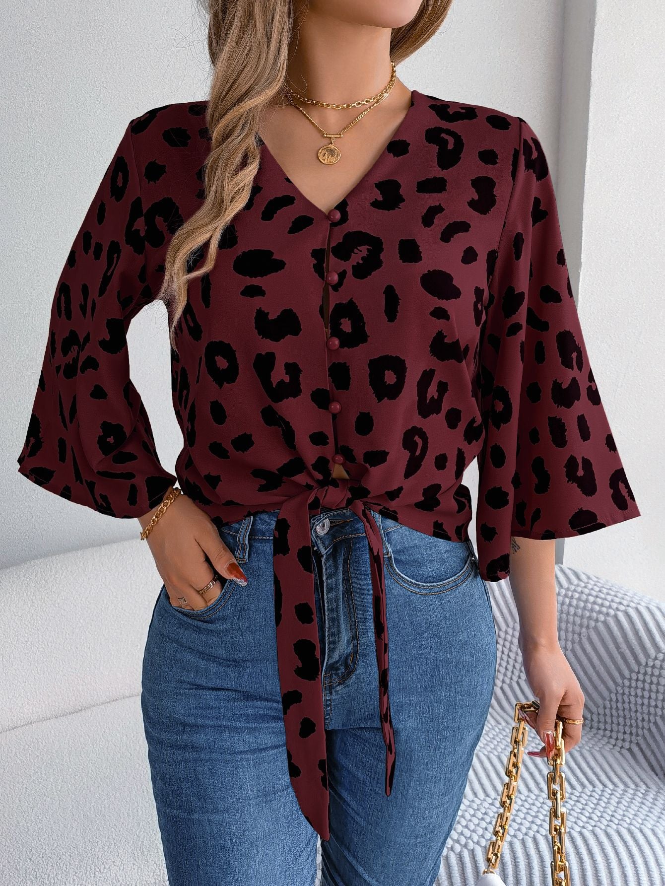 Casual Leopard Print Lace-Up Chiffon Shirt V Neck Tops