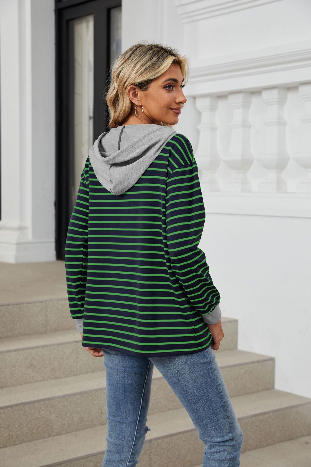 Striped Contrasting Splicing Hooded Long-sleeved Loose Sweater