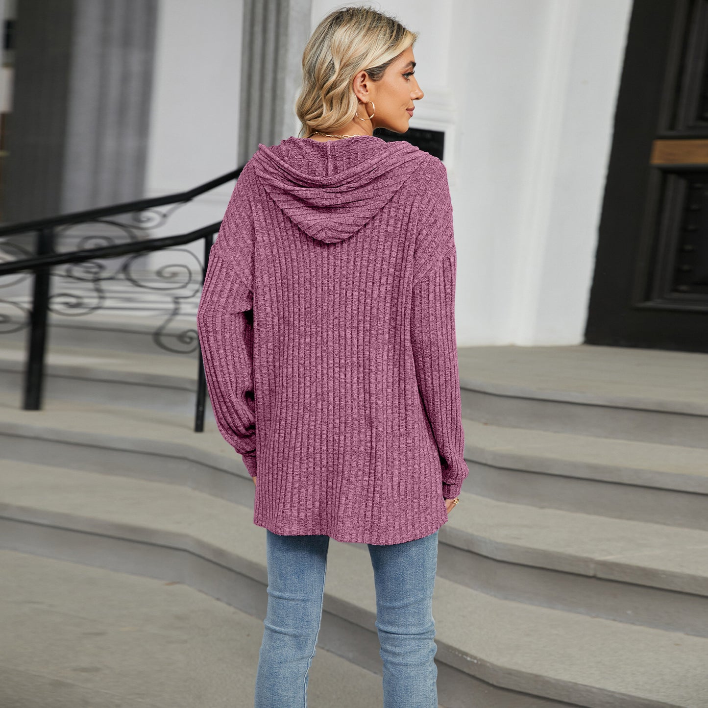 Solid Color Hooded Button-down Sweater